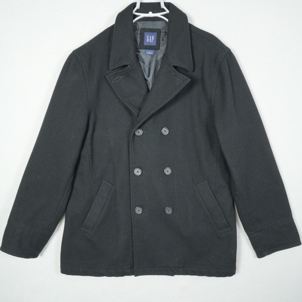 GAP‎ Peacoat Wool Blend Jacket Men's Size Large Black Double Breasted Anchors